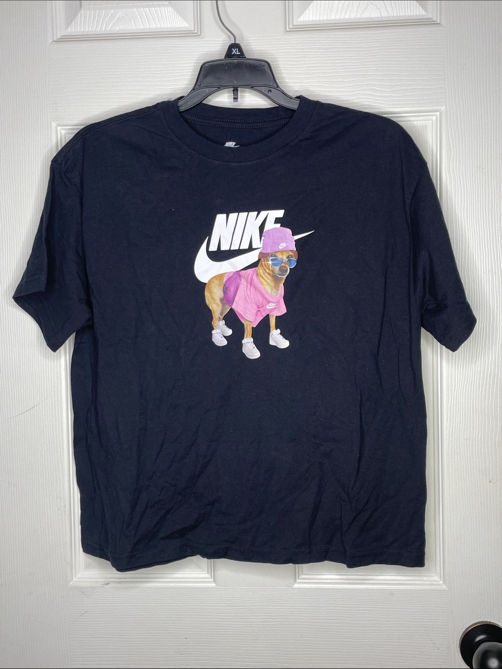 Nike Cropped Black Tee with Pink Dressed Dog Graphic. Size XL